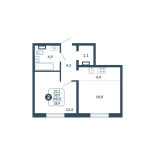 2-комнатная, 38.9 м², жилая: 23.2 м², кухня: 4.4 м²
