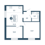 2-комнатная, 48.6 м², жилая: 28.5 м², кухня: 5.5 м²