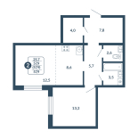 2-комнатная, 57.9 м², жилая: 25.7 м², кухня: 8.6 м²