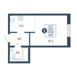 Студия, 29.8 м², жилая: 15.7 м², кухня: 6.3 м²