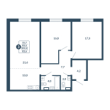 3-комнатная, 83.6 м², жилая: 55.7 м², кухня: 10 м²