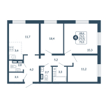 4-комнатная, 73.5 м², жилая: 48.6 м², кухня: 3.6 м²