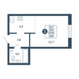 Студия, 29.8 м², жилая: 15.7 м², кухня: 6.3 м²