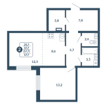 2-комнатная, 57.7 м², жилая: 25.7 м², кухня: 8.6 м²