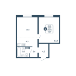 2-комнатная, 47.7 м², жилая: 30.8 м², кухня: 6.3 м²