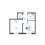 2-комнатная, 38.9 м², жилая: 23.2 м², кухня: 4.4 м²