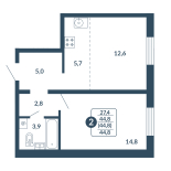 2-комнатная, 44.8 м², жилая: 27.4 м², кухня: 5.7 м²